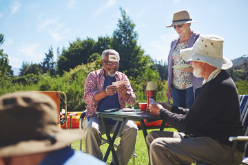 Playful active senior friends playing cards at sunny summer campsite