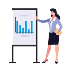 businesswoman standing with graphs on white background