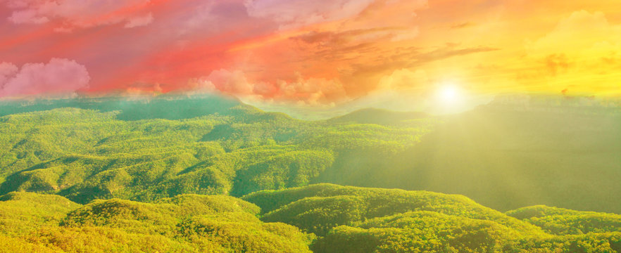 Banner Panorama Of Amazing Dramatic Colorful Sunset Of Fire With Sun Rays Over Blue Mountains National Park Landscape In New South Wales, Australia.