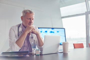 Medical scientist working at laptop in hospital conference room