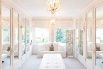 White, luxury home showcase interior dressing room mirrored closets