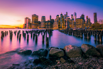 Fototapeta na wymiar new york city cityscape night sunset water sky buildings skyscraper urban downtown panorama blue travel town