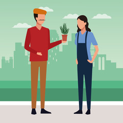 Artist man holding a plant pot and woman standing, colorful design