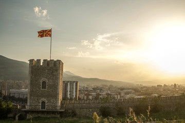 Outlook tower of the Skopje Fortress, also called Skopsko Kale, in the capital city of Northern...