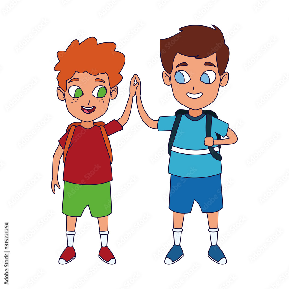 Sticker cartoon happy boys standing icon