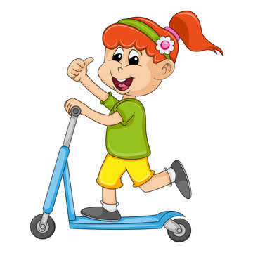 the girl riding a scooter cartoon vector illustration