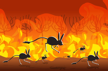 jerboas silhouettes running from forest fires in australia animals dying in wildfire bushfire burning trees natural disaster concept intense orange flames horizontal vector illustration