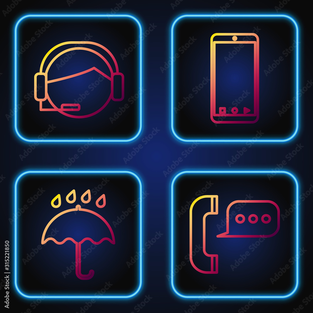 Poster set line telephone with speech bubble chat , umbrella and rain drops , support operator in touch and