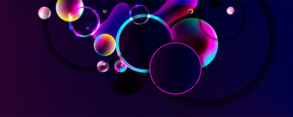 Dark retro futuristic neon abstraction background cosmos 3d starry sky glowing galaxy and planets blue circles