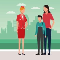 Air hostess with woman and teenager standing, colorful design
