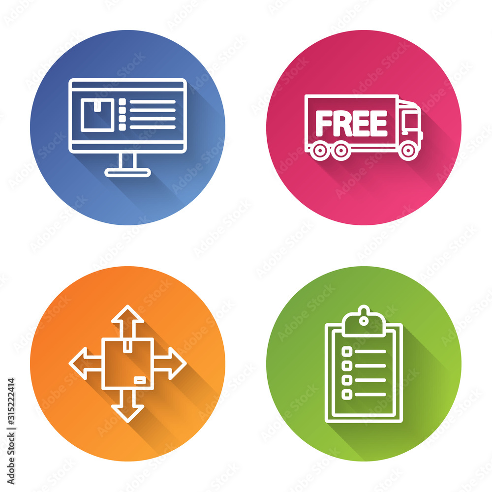 Poster set line computer monitor with app delivery tracking , free delivery service , cardboard box with tr