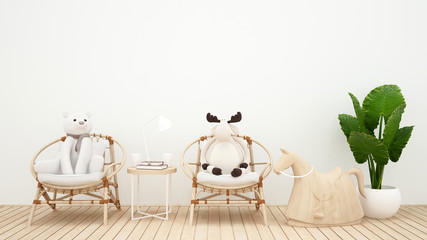 White living room in home or nursery. Kid room Design on white tone - 3D rendering