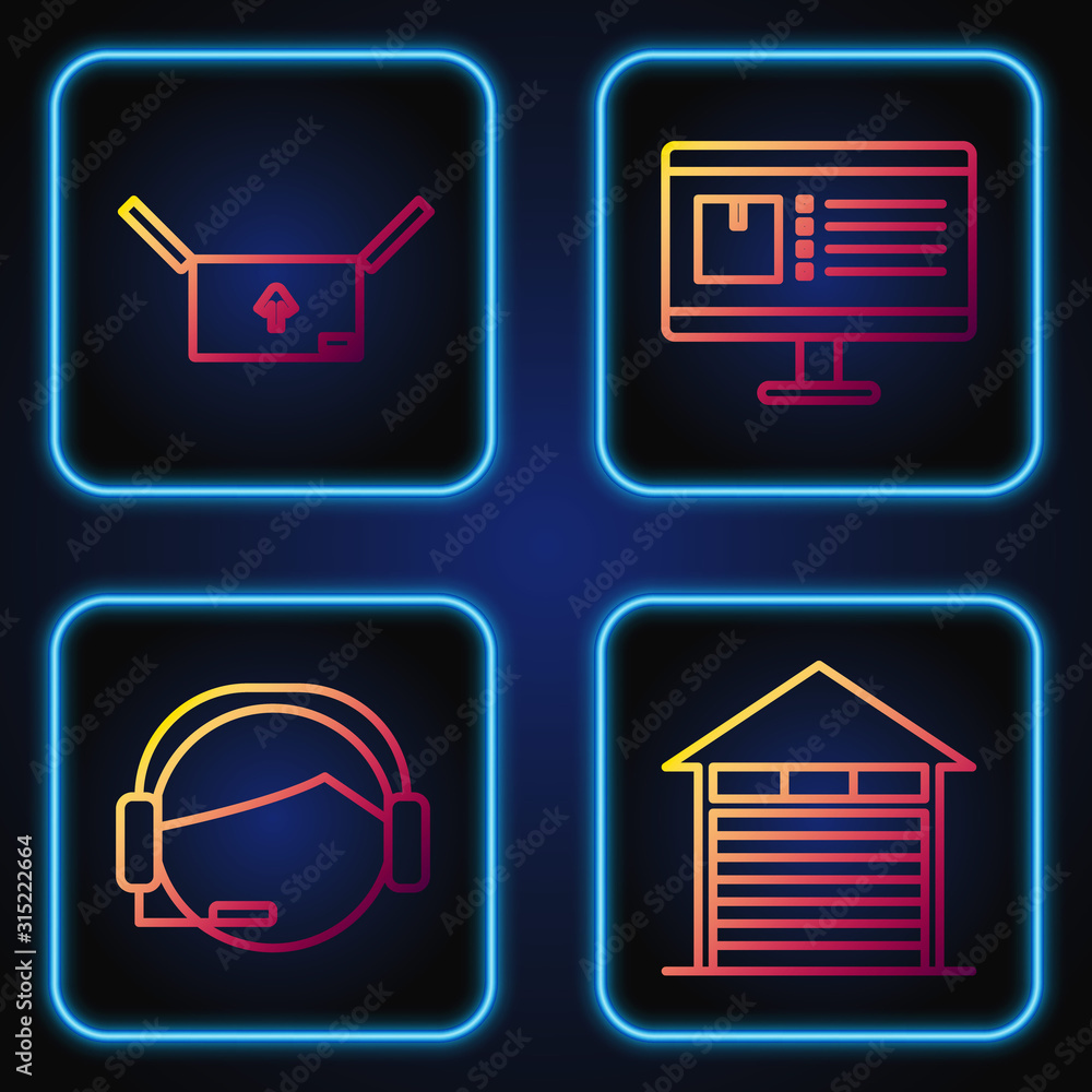 Poster set line closed warehouse , support operator in touch, cardboard box with traffic symbol and compute