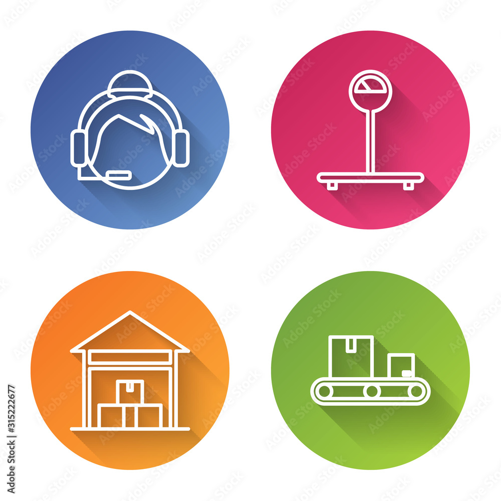 Poster set line support operator in touch, scale , warehouse and conveyor belt with cardboard box . color c