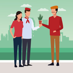 Couple and artist holding a plant, colorful design