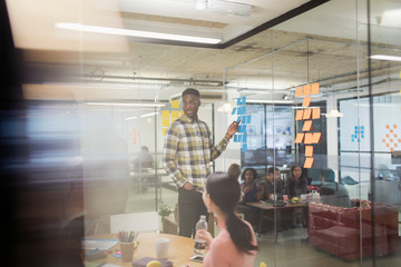 Creative businessman leading brainstorming meeting, using adhesive notes in office