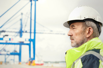 Dock worker looking away at shipyard
