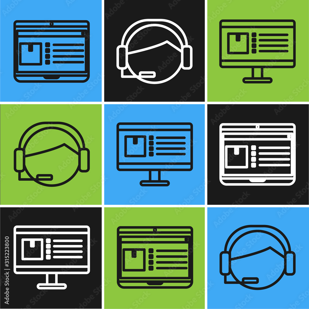 Poster set line laptop with app delivery tracking , computer monitor with app delivery tracking and support