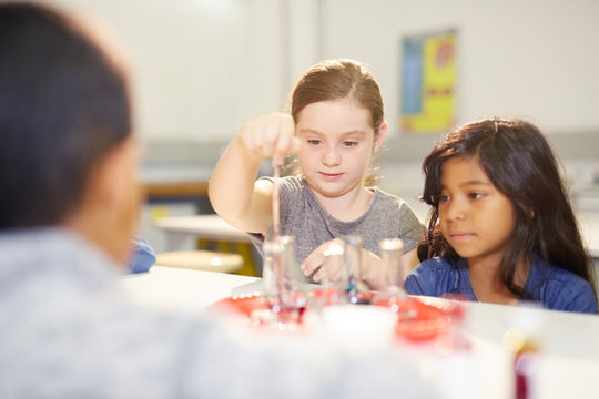 Curious girls at interactive exhibit in science center