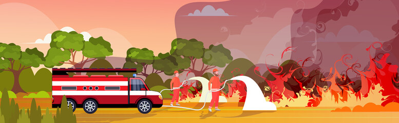Naklejka premium firefighters extinguishing dangerous wildfire in australia firemen spraying water from fire truck fighting bushfire firefighting natural disaster concept intense orange flames horizontal vector