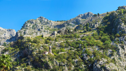 Panorama of Mountains Surrounding the City of Kotor, Montenegro and the Ancient Fortress Landmark
