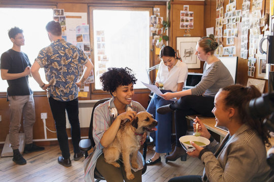 Creative business people with dog working and eating in office