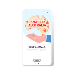 hand holding Australia map forest fires wildfire bushfire natural disaster pray for Australia concept smartphone screen mobile app vector illustration