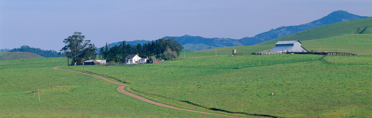 Fototapeta na wymiar Farm House and Barn in Spring, Route 1 near Cambria, California