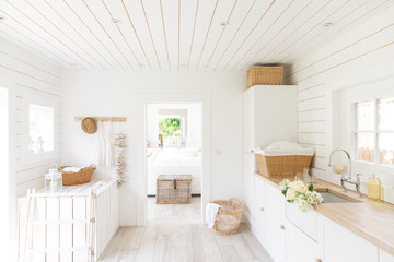 White wood shiplap home showcase laundry room