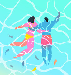 Turquoise water two people couple swimming in tropical paradise with fish contemporary art design.