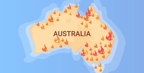 map of Australia with symbols of bushfires seasonal wildfires dry woods burning global warming natural disaster concept flat horizontal vector illustration