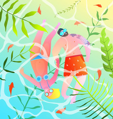 Romantic happy couple holding hands in turquoise water in seaside romantic postcard.