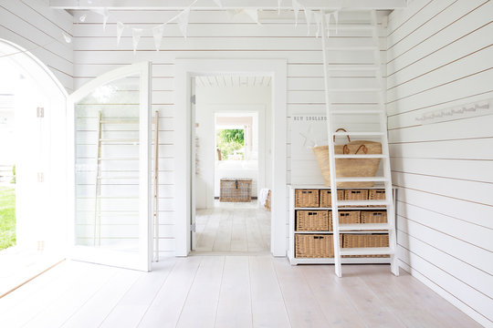 White wood shiplap beach house room