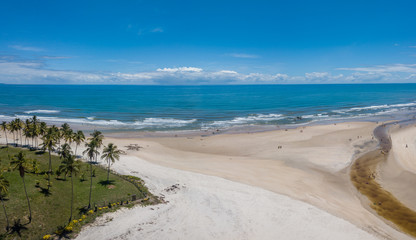 Aerial drone view of Cururupe beach in Ilhéus city, Bahia, Brazil