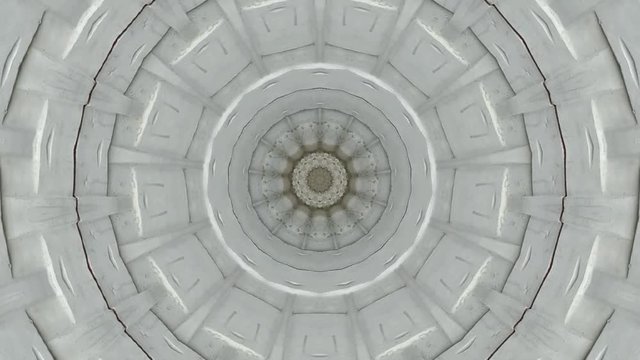 An abstract rotating kaleidoscopic texture that has symmetry, built from elements of a city street, shades of earthy, asphalt resembling a print on banknotes.