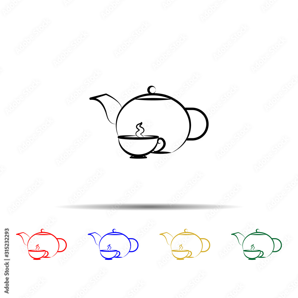 Poster tea pot and cup tea multi color style icon. simple thin line, outline vector of tea icons for ui and