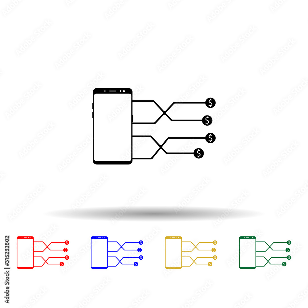 Poster smartphone, dollar, line multi color style icon. simple glyph, flat vector of mobile concept icons f