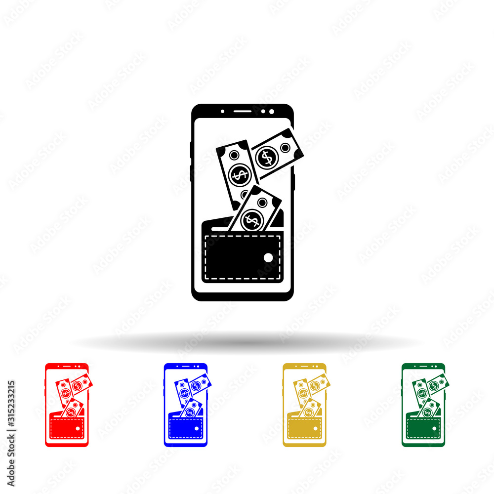 Poster smartphone wallet, dollar multi color style icon. simple glyph, flat vector of mobile concept icons 