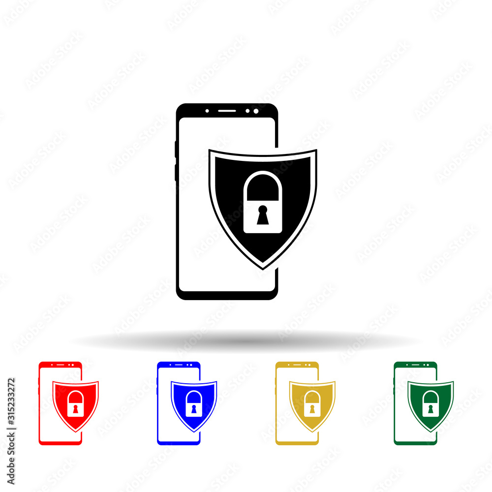 Poster smartphone, shield, lock multi color style icon. simple glyph, flat vector of mobile concept icons f