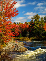 Mix of sky, clouds, river, fall foliage and rocks, Chutes Prov Park, ON, Canada