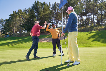 Male friends high fiving on sunny golf course putting green