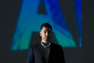 Double exposure portrait confident businessman against AI text