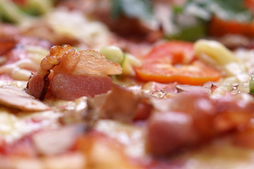Close up of fresh baked pizza with prosciutto and bacon