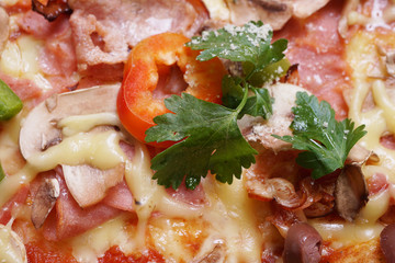 Close up of fresh baked pizza with prosciutto and bacon