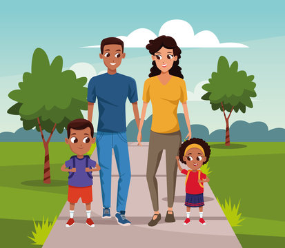 cartoon Happy couple walking with kids over landscape background