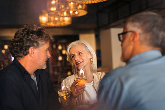 Friends talking and drinking white wine in bar