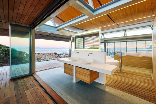 Modern luxury home showcase bathroom with ocean view