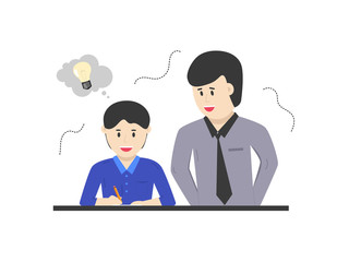Man or teacher guides a boy or his student. Education, guidance, training, learning concept. Flat cartoon vector illustration.