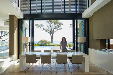 Businesswoman working at dining table in home showcase interior