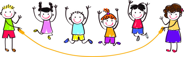 group of smiling children jumping rope